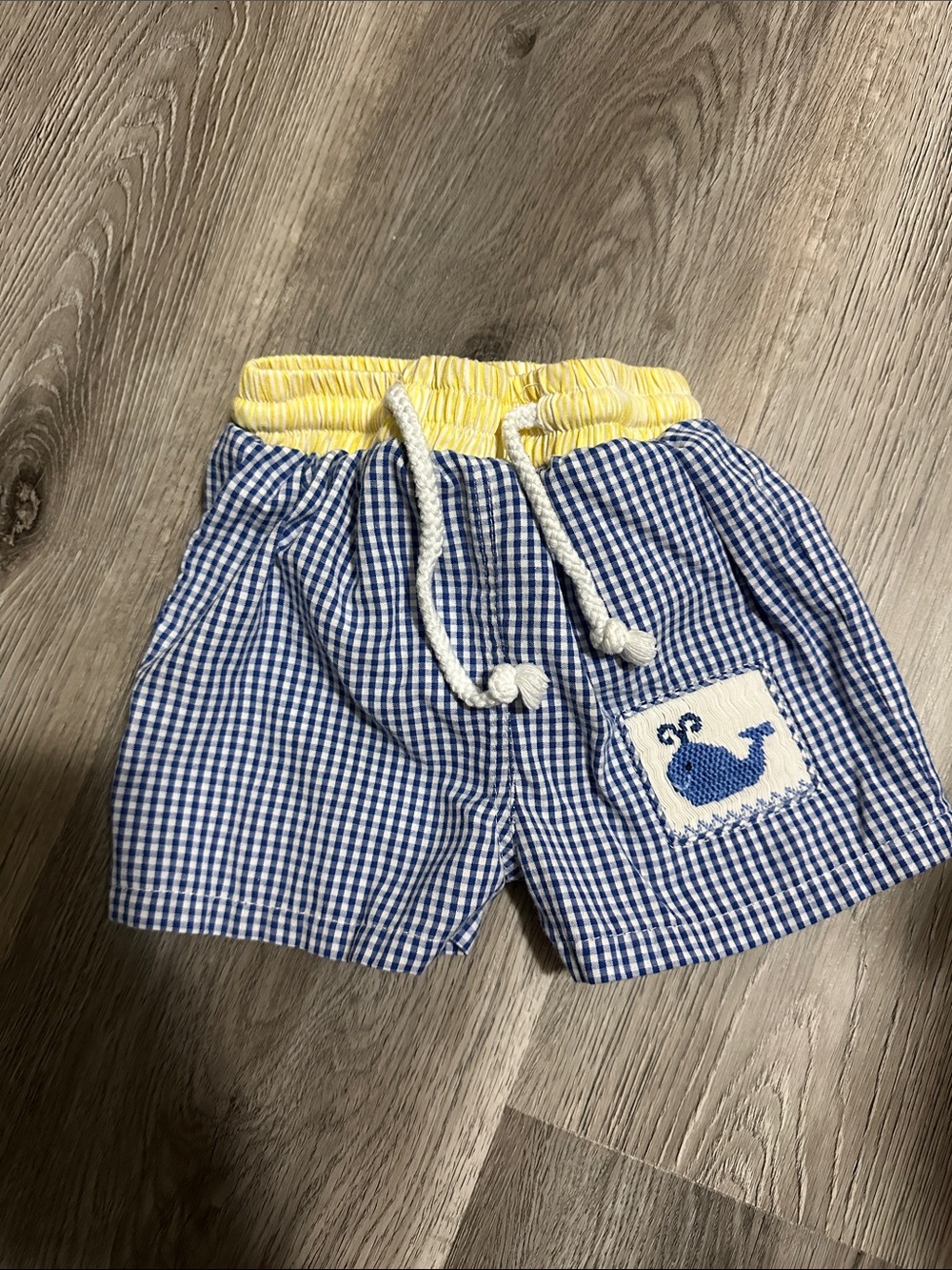 Blue Gingham Kids Shorts with Yellow Elastic Waistband and Whale Patch
